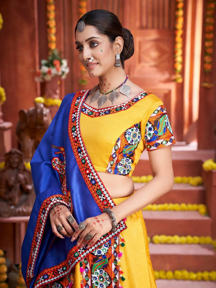 Yellow Silk Embroidered Navratri Lehenga Choli - VJV Now