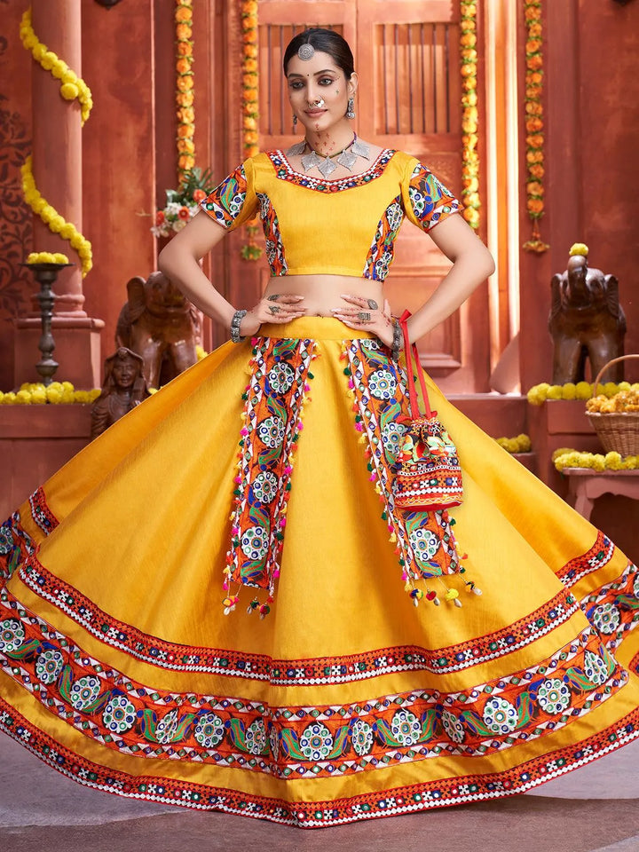 Yellow Silk Embroidered Navratri Lehenga Choli - VJV Now