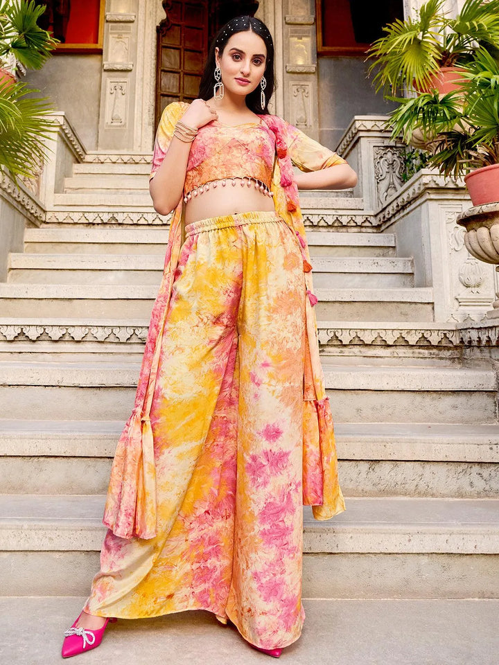 Yellow Silk Print Work Co-Ord Set - VJV Now