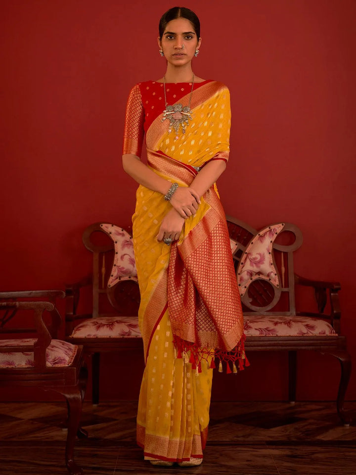 yellow Woven Banarasi Silk Saree - VJV Now