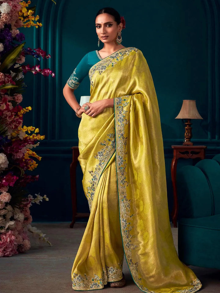 Yellow Woven Banarasi Soft Silk Designer Saree Party Wear - VJV Now