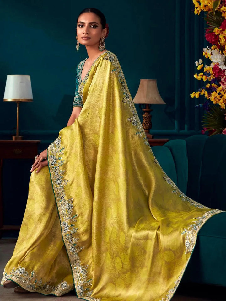 Yellow Woven Banarasi Soft Silk Designer Saree Party Wear - VJV Now