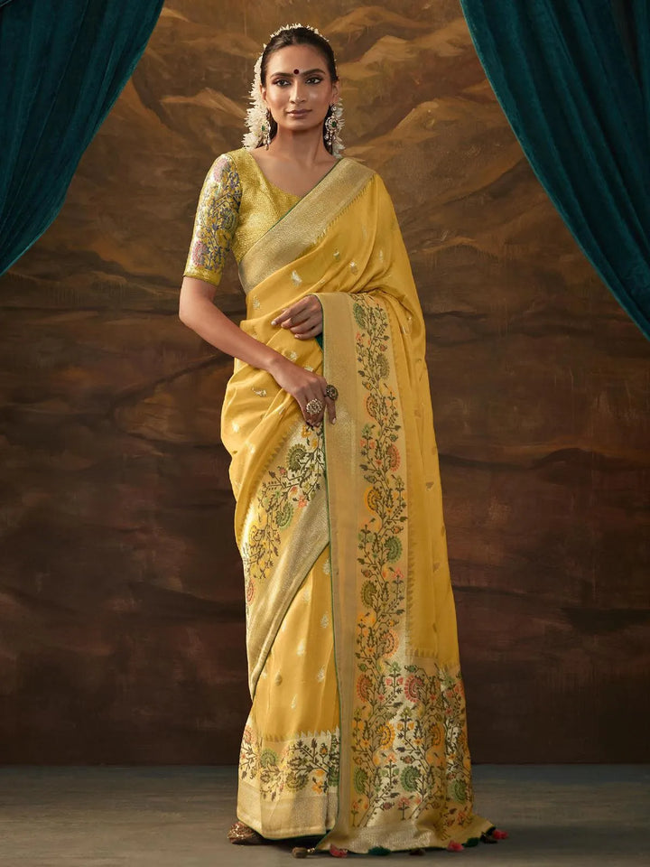 Yellow Woven Dola Silk Zari Work Saree Party Wear - VJV Now