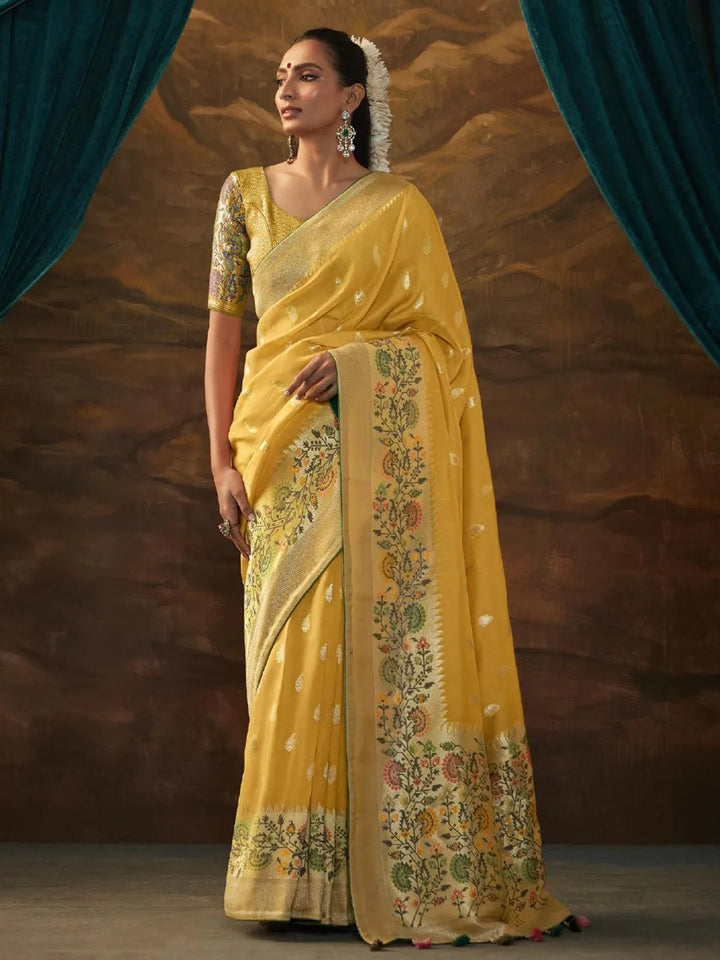 Yellow Woven Dola Silk Zari Work Saree Party Wear - VJV Now