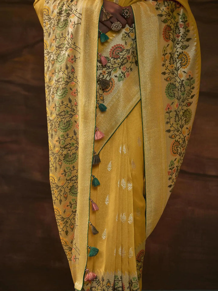 Yellow Woven Dola Silk Zari Work Saree Party Wear - VJV Now