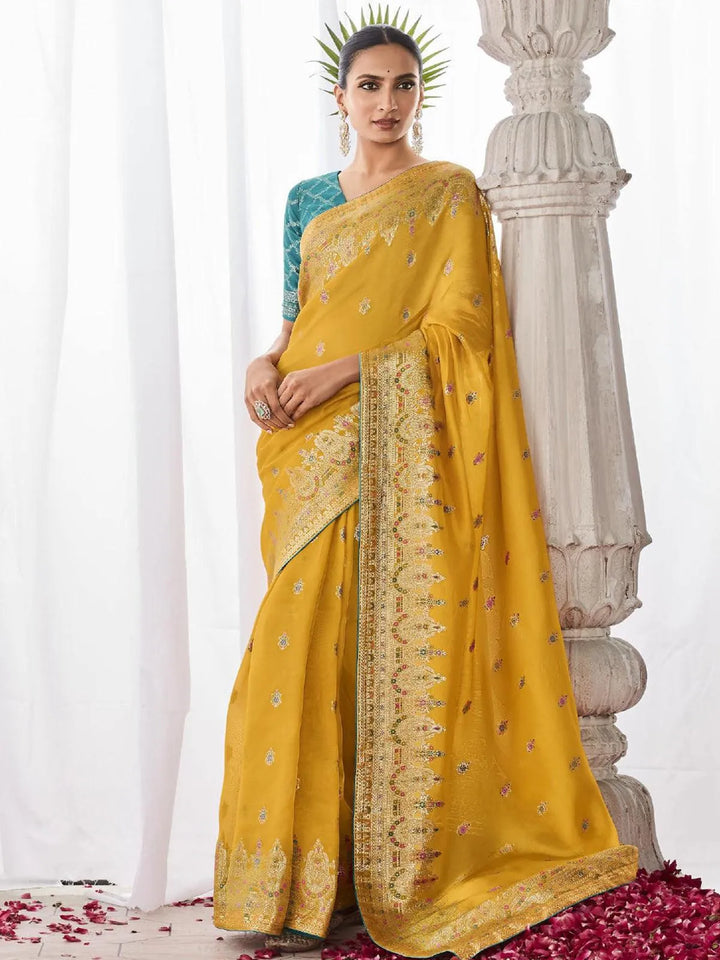 Yellow Woven Georgette Silk Saree Party Wear - VJV Now