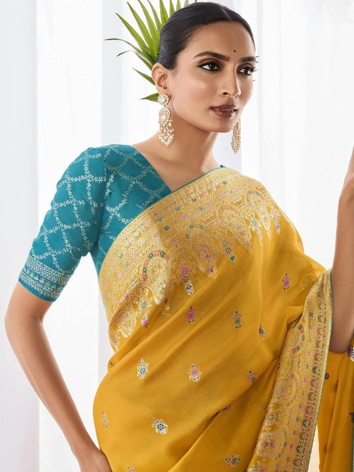 Yellow Woven Georgette Silk Saree Party Wear - VJV Now