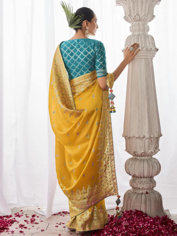 Yellow Woven Georgette Silk Saree Party Wear - VJV Now