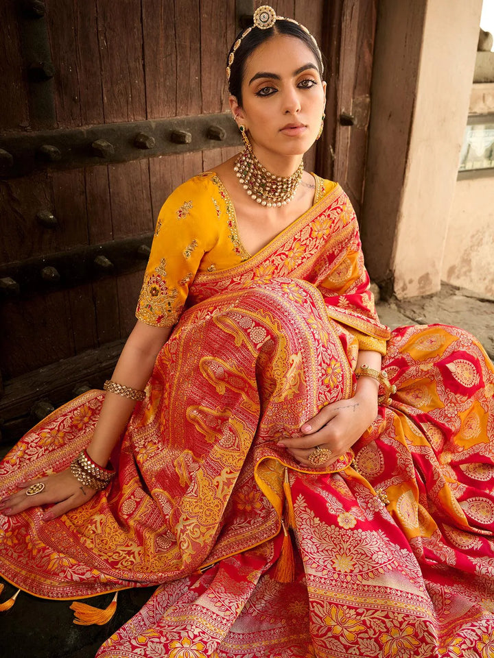 Yellow Zari Work Banarasi Silk Saree - VJV Now