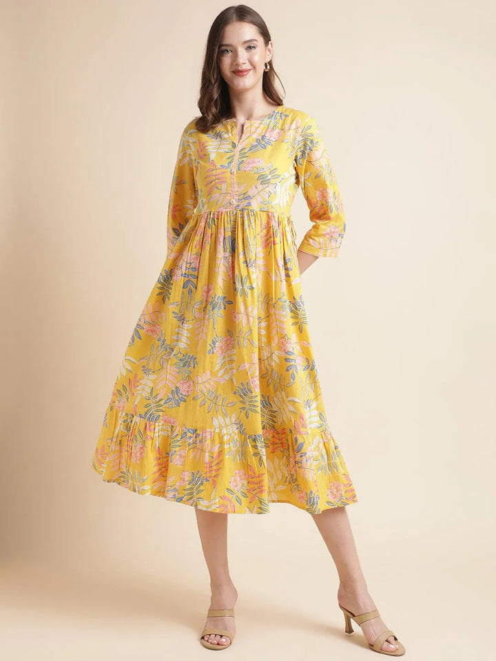 Beautiful yellow cotton printed long kurti - VJV Now