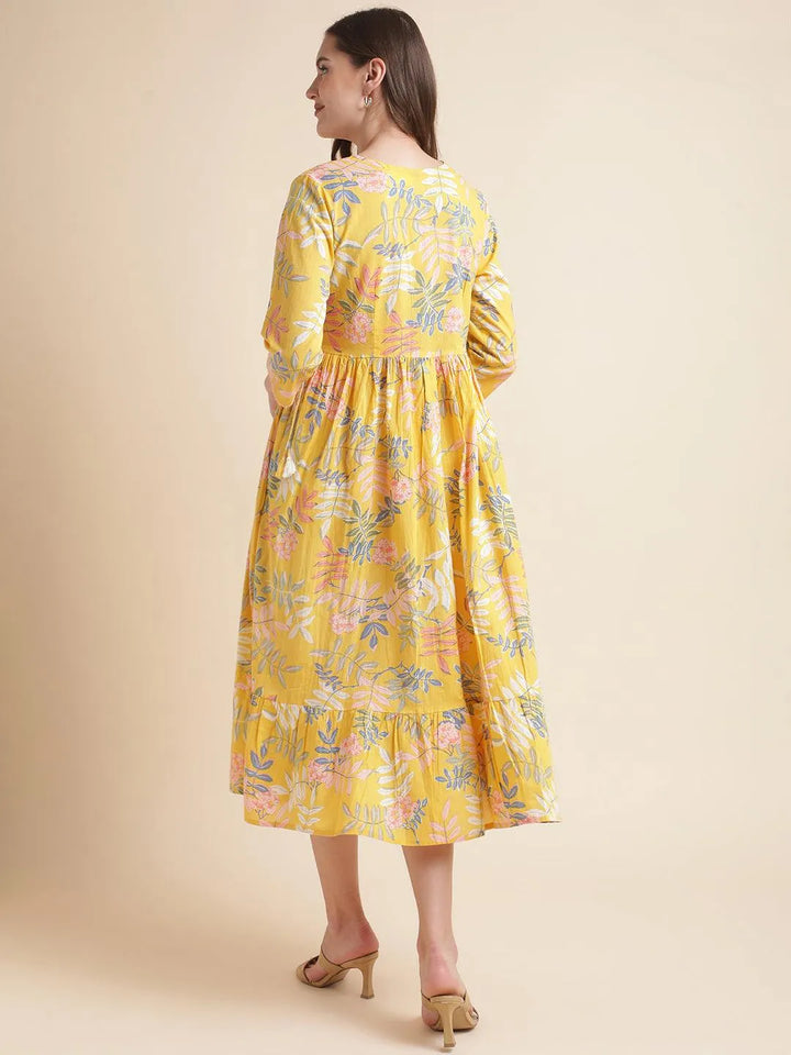 Beautiful yellow cotton printed long kurti - VJV Now