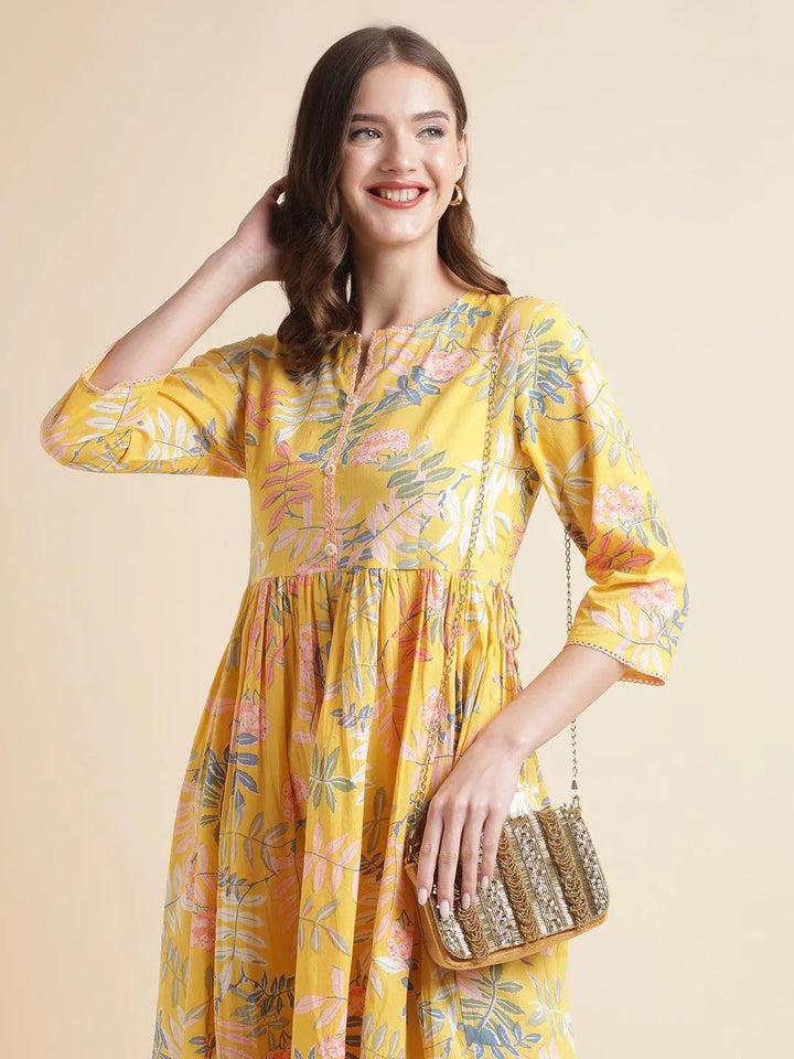 Beautiful yellow cotton printed long kurti - VJV Now