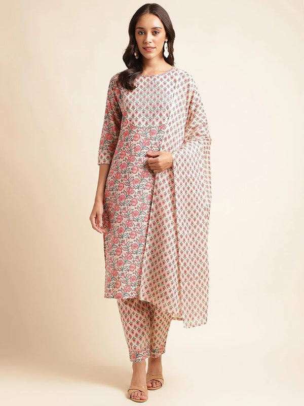 Beige & pink handblocked printed kurta with trousers & dupatta set. - VJV Now