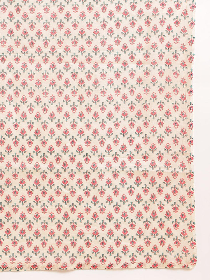Beige & pink handblocked printed kurta with trousers & dupatta set. - VJV Now