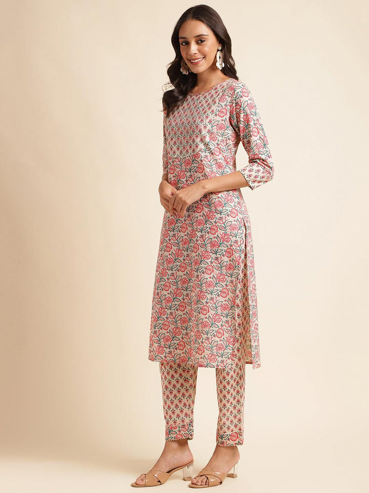 Beige & pink handblocked printed kurta with trousers & dupatta set. - VJV Now