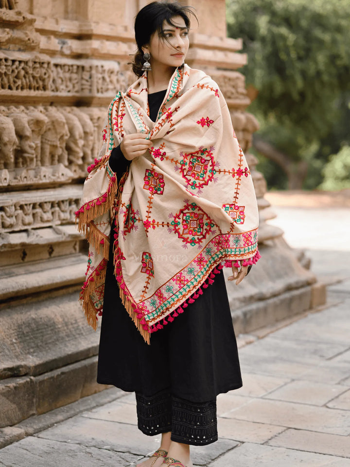 Beige Floral Motifs Aari Heavily Embroidered Khadi Shawl/Dupatta With Rani Tassel Lace - VJV Now