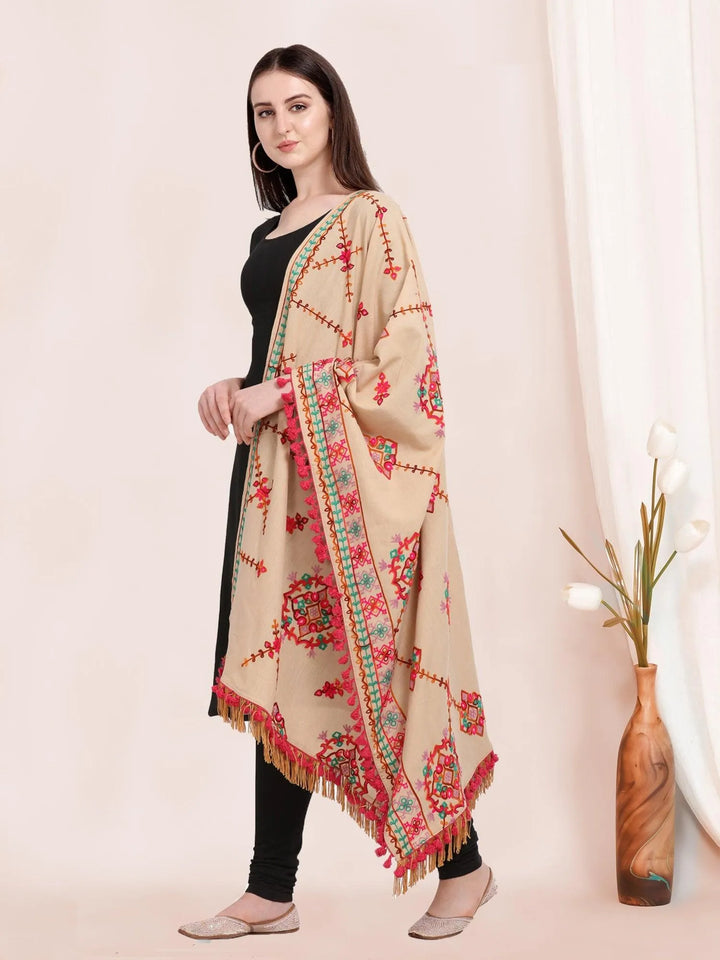 Beige Floral Motifs Aari Heavily Embroidered Khadi Shawl/Dupatta With Rani Tassel Lace - VJV Now