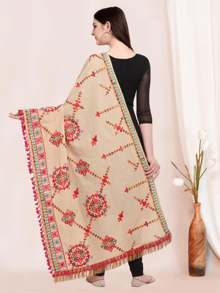 Beige Floral Motifs Aari Heavily Embroidered Khadi Shawl/Dupatta With Rani Tassel Lace - VJV Now