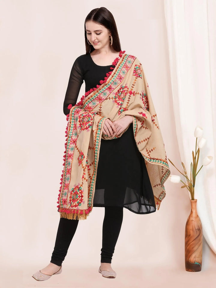 Beige Floral Motifs Aari Heavily Embroidered Khadi Shawl/Dupatta With Rani Tassel Lace - VJV Now