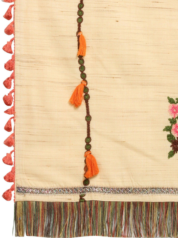 Beige Slub Khadi Floral Embroidered festive Dupatta - VJV Now