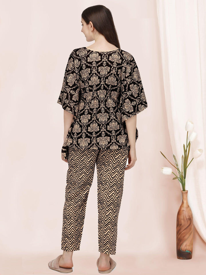 Black And Beige Floral Printed Kaftan Night Suit Set - VJV Now