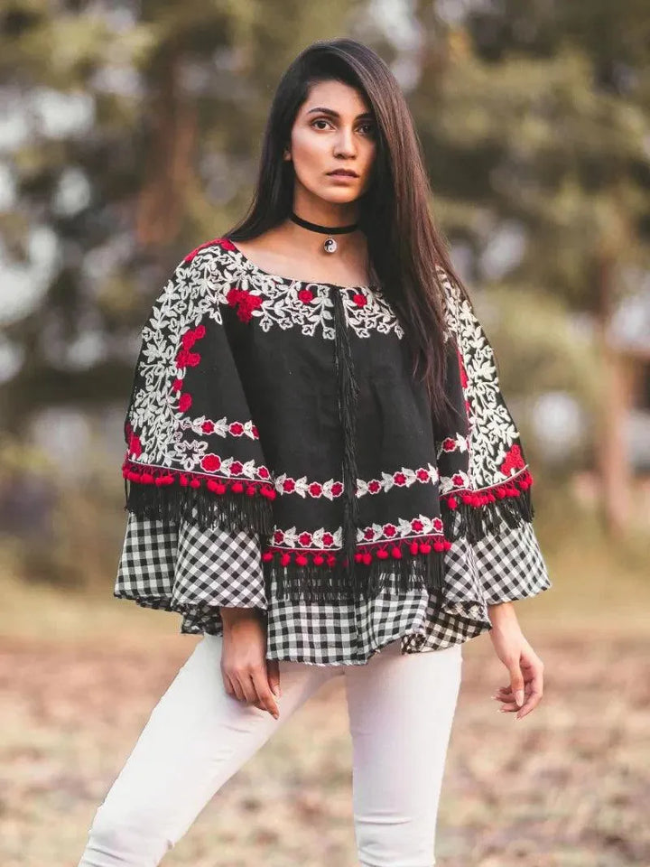 Black Circular Embroidered Khadi poncho with chex - VJV Now