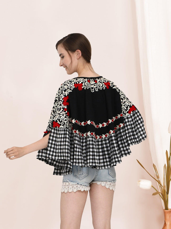 Black Circular Embroidered Khadi poncho with chex - VJV Now
