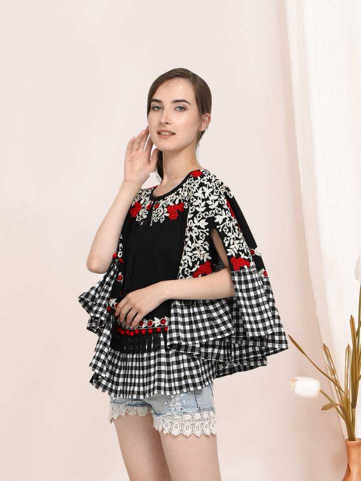 Black Circular Embroidered Khadi poncho with chex - VJV Now