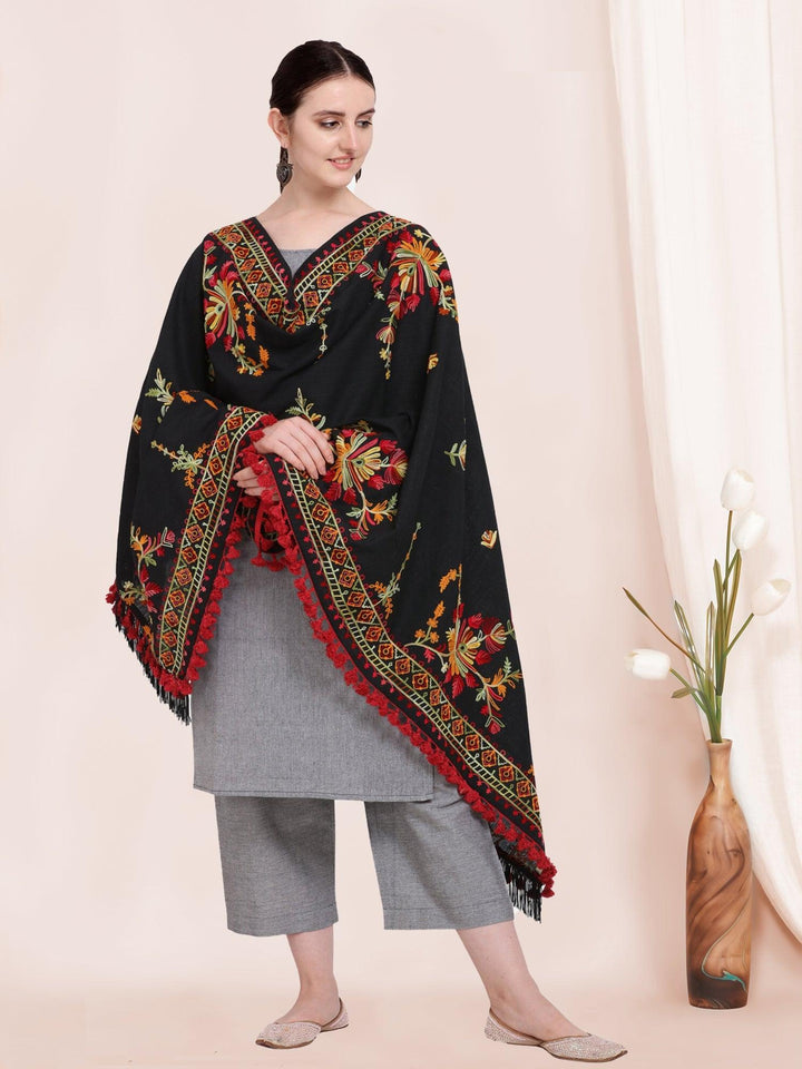Black Kashmiri Motif Aari Embroidered Khadi Shawl/Dupatta With Crimson Red Cotton Tassel - VJV Now