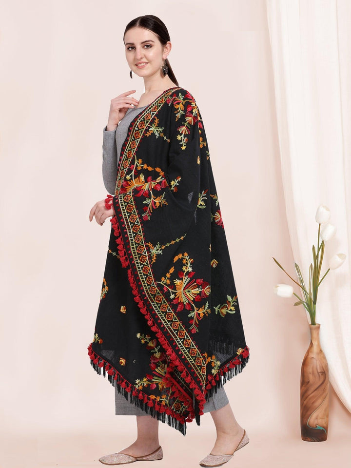 Black Kashmiri Motif Aari Embroidered Khadi Shawl/Dupatta With Crimson Red Cotton Tassel - VJV Now