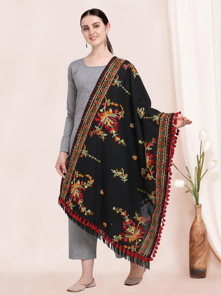 Black Kashmiri Motif Aari Embroidered Khadi Shawl/Dupatta With Crimson Red Cotton Tassel - VJV Now