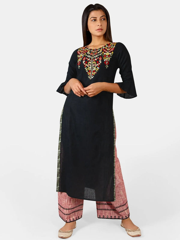 Black princess line embroidered neck kurta with red slub palazzo pant - VJV Now