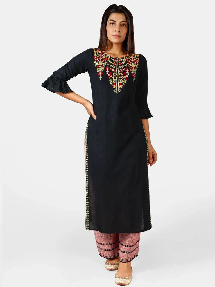 Black princess line embroidered neck kurta with red slub palazzo pant - VJV Now