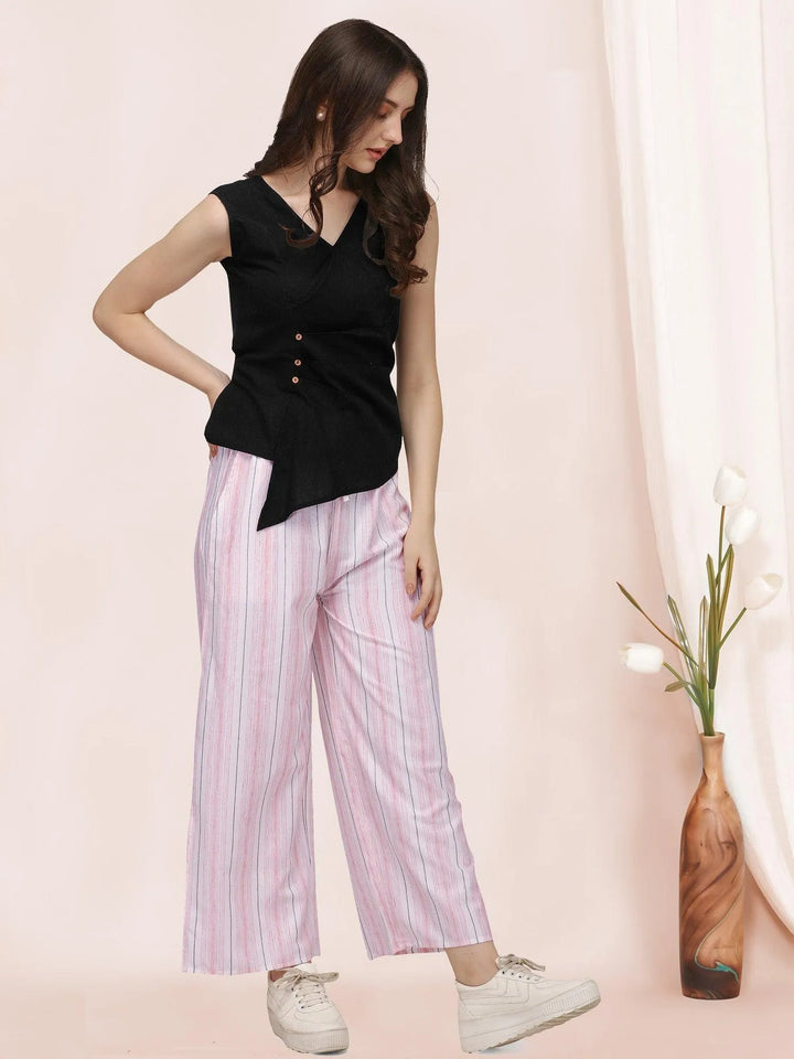 Black Sleeveless Fancy Top With White And Pint Strip Straight Pant - VJV Now