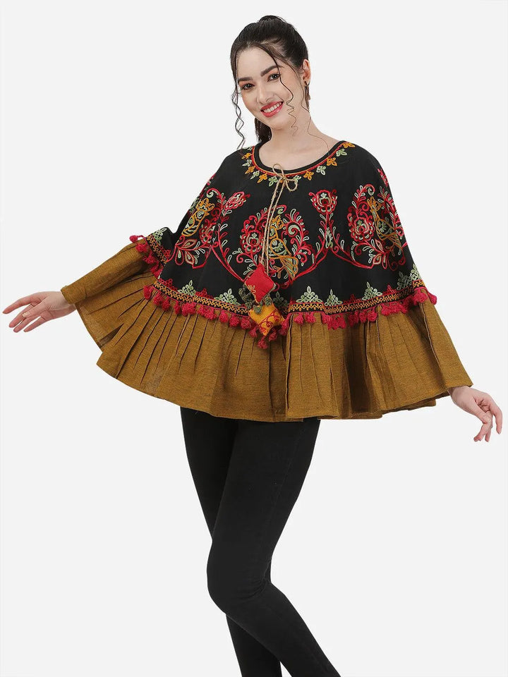 Black Sparrow Motif Embroidered Winter Circular Poncho - VJV Now