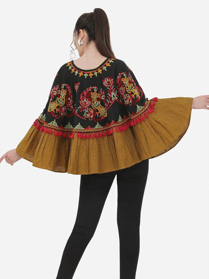 Black Sparrow Motif Embroidered Winter Circular Poncho - VJV Now