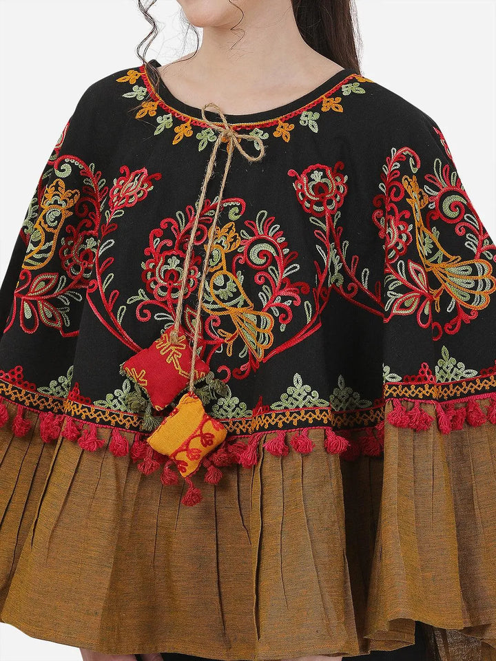 Black Sparrow Motif Embroidered Winter Circular Poncho - VJV Now