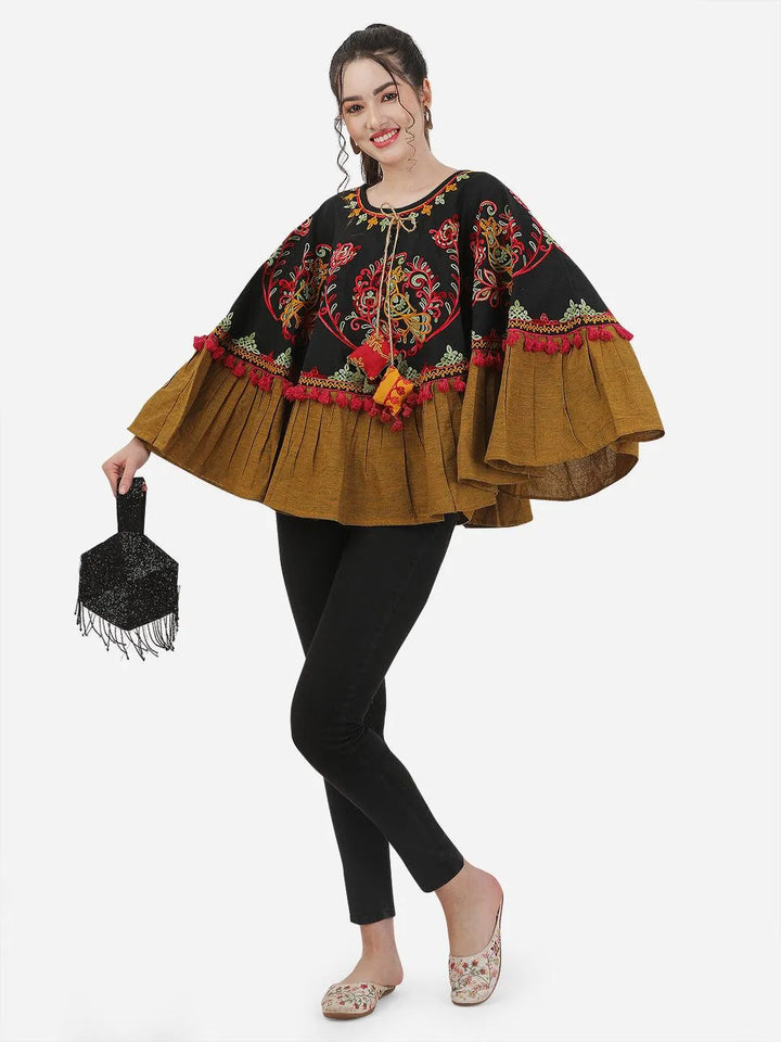 Black Sparrow Motif Embroidered Winter Circular Poncho - VJV Now