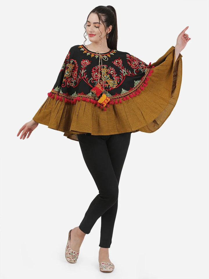 Black Sparrow Motif Embroidered Winter Circular Poncho - VJV Now