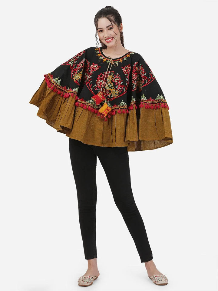 Black Sparrow Motif Embroidered Winter Circular Poncho - VJV Now