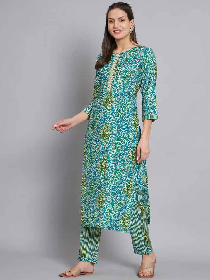 Blue & green printed handwork kurta with trouser - VJV Now