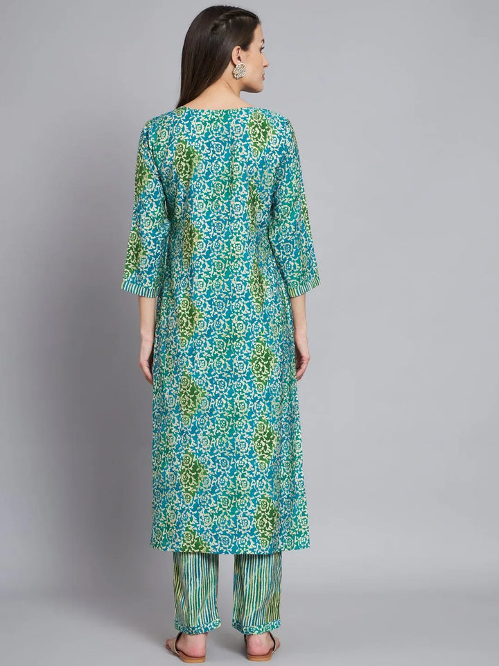 Blue & green printed handwork kurta with trouser - VJV Now