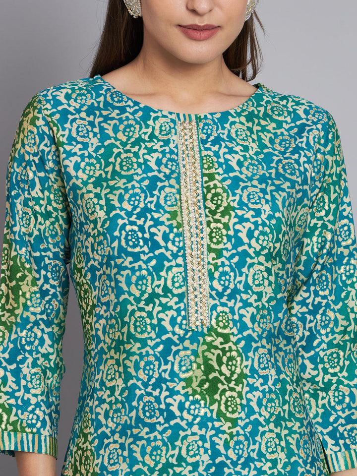 Blue & green printed handwork kurta with trouser - VJV Now