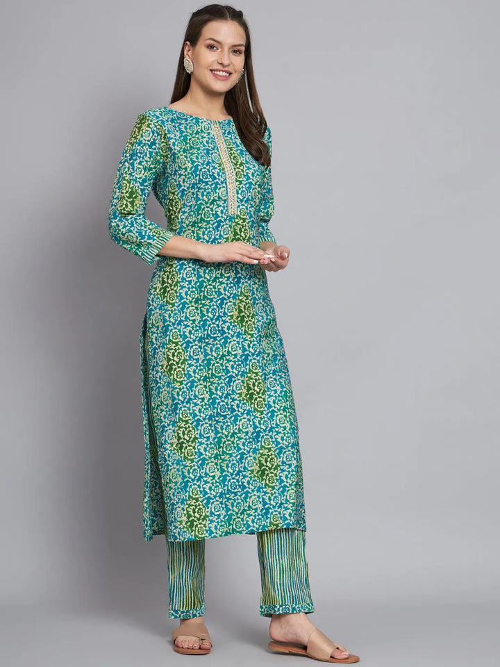 Blue & green printed handwork kurta with trouser - VJV Now