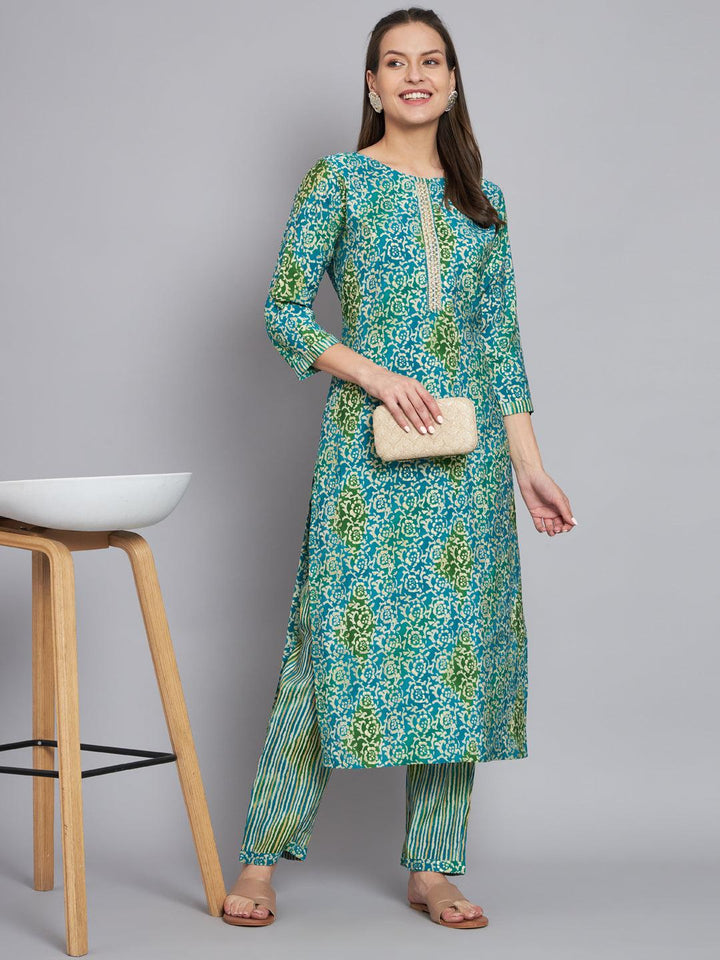 Blue & green printed handwork kurta with trouser - VJV Now
