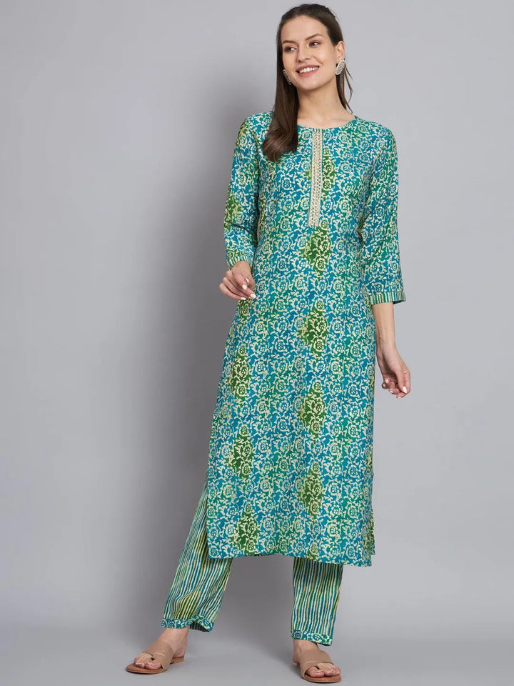 Blue & green printed handwork kurta with trouser - VJV Now