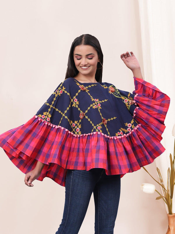 Blue Bird Cage Embroidered Circular Poncho - VJV Now