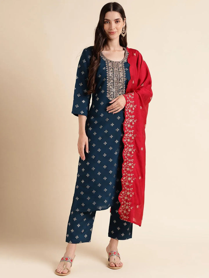 Blue Embroidered silk blend straight kurta with pant & dupatta - VJV Now