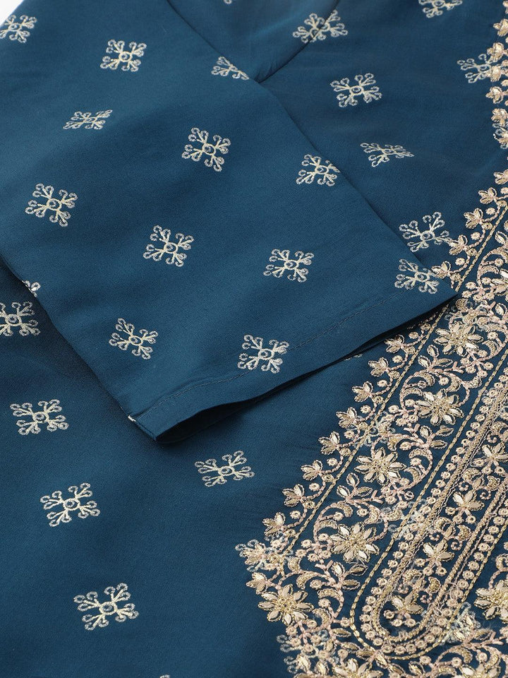 Blue Embroidered silk blend straight kurta with pant & dupatta - VJV Now