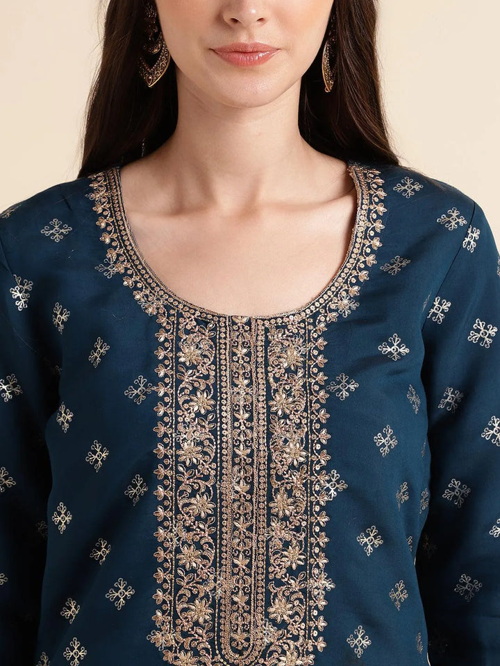 Blue Embroidered silk blend straight kurta with pant & dupatta - VJV Now